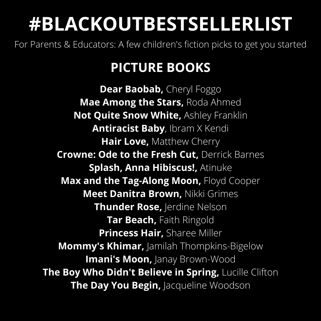 MsMagiera's tweet photo. For my fellow edufriends and parents, here are a few recommendations of #kidlit books by Black authors to support #BlackoutBestsellerList started by @AmistadBooks. https://t.co/SNiOOGGWtv