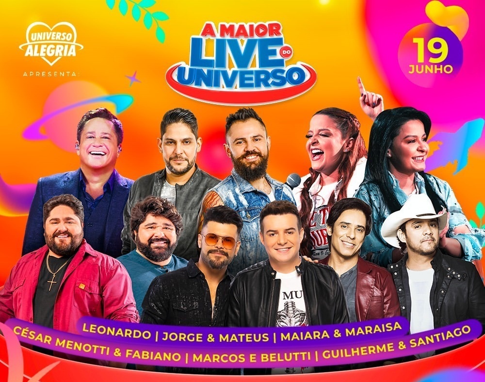 BICHO, SE LIGA NESSA LIVE QUE VAI TER SEXTA-FEIRA

Jorge e Mateus
Maiara e Maraisa
Leonardo
Cesar Menotti e Fabiano
Guilherme e Santiago 
Marcos e Belutti