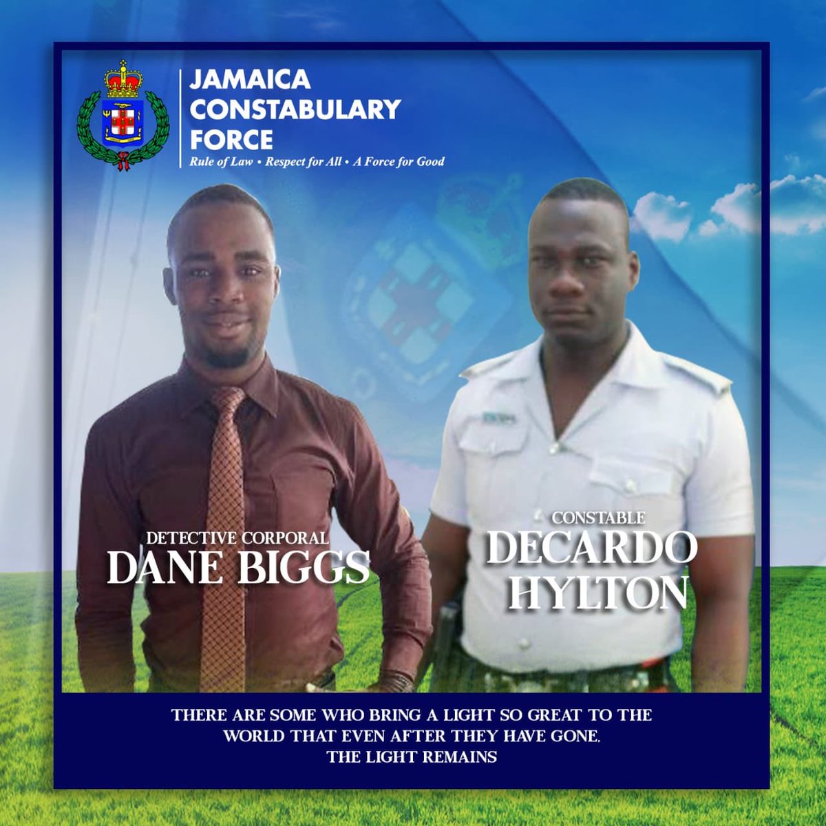 JamaicaConstab's tweet image. Today we remember Detective Corporal Dane Biggs and Constable Decardo Hylton who lost their lives in the line of duty on Friday, June 12. Our deepest condolences to the families of these heroes, who paid the ultimate sacrifice, as they helped to keep Jamaica safe.