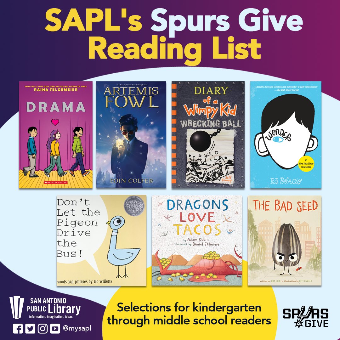 Exciting News! SAPL has teamed up with @SpursGive for their Summer What'cha Reading Challenge from June 15-July 13. Details and more can be found here: spursgive.org/reading/