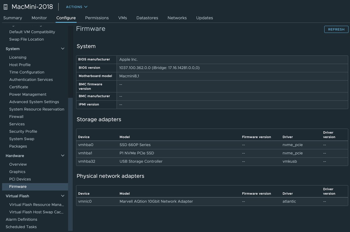 lamw's tweet photo. I just noticed the new enhancements made to ESXi “Hardware” view in #h5client for vSphere 7. Really digging the Firmware section which cleanly &amp; clearly lays out the various devices/components along the specific driver claiming each device which is super useful! https://t.co/OsNPUDaPuj