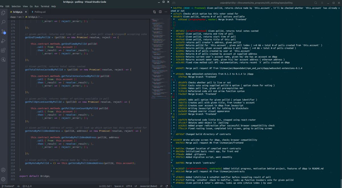meanjanroy's tweet image. For last 2 days, was working on #javascript API for interacting with #smartcontract method(s) using #web3js
Now it's time to put data into #UI
#100DaysOfCode #CodeNewbie #ethereum #Dapp