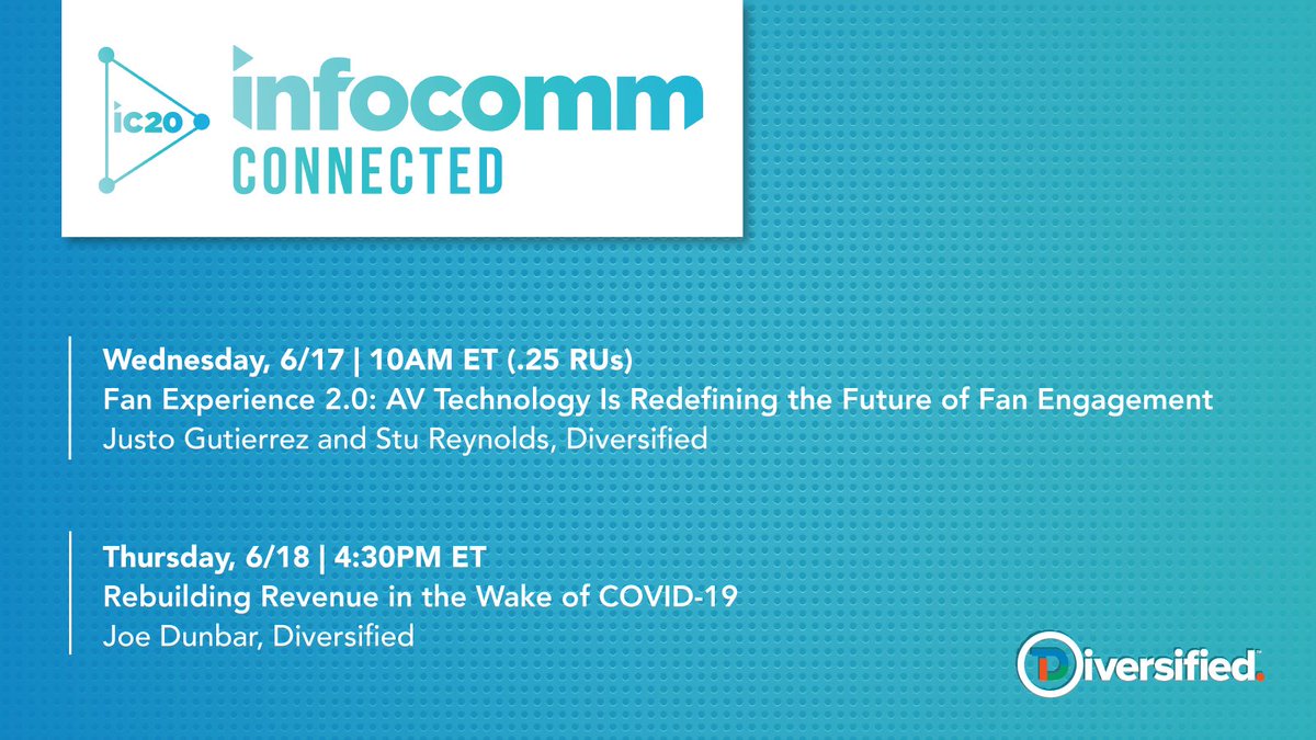 DiversifiedUS's tweet image. #InfoComm2020 starts in 24hrs! We can't wait to see the #VirtualEvent @AVIXA has planned, especially the sessions with our own @JoeDinAV, Justo Gutierrez &amp;amp; Stu Reynolds! Register for free &amp;amp; mark your calendars with these panels: ow.ly/1ylO50A7RvX

#CanYouImagine #AVTweeps