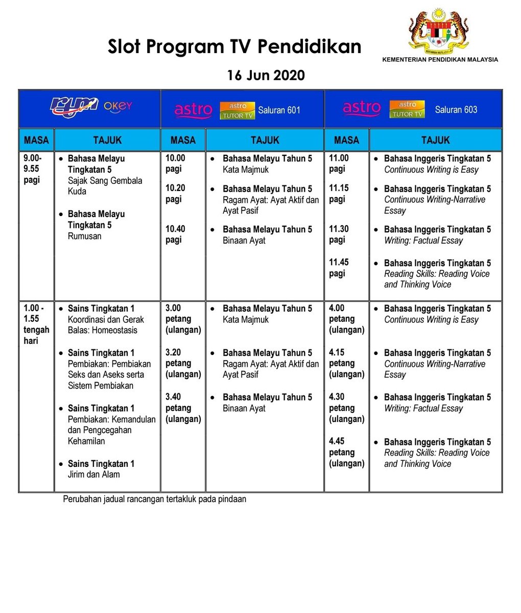 Kpm On Twitter Jadual Program Tv Pendidikan Di Tv Okey Rtm Dan Astro Tutor Tv 16 Jun 2020 Tv Okey Boleh Ditonton Secara Percuma Menerusi Saluran 110 Myfreeview Tv Menerusi Saluran 146