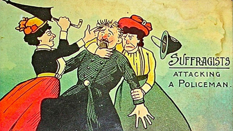 It's not just in their homes and relationships that women are shown to be violent. They also regularly feature as a violent mob, as criminal - attacking the police and defacing buildings - and as enacting wanton destruction. Check out how 'militant suffragettes' are described. 8/