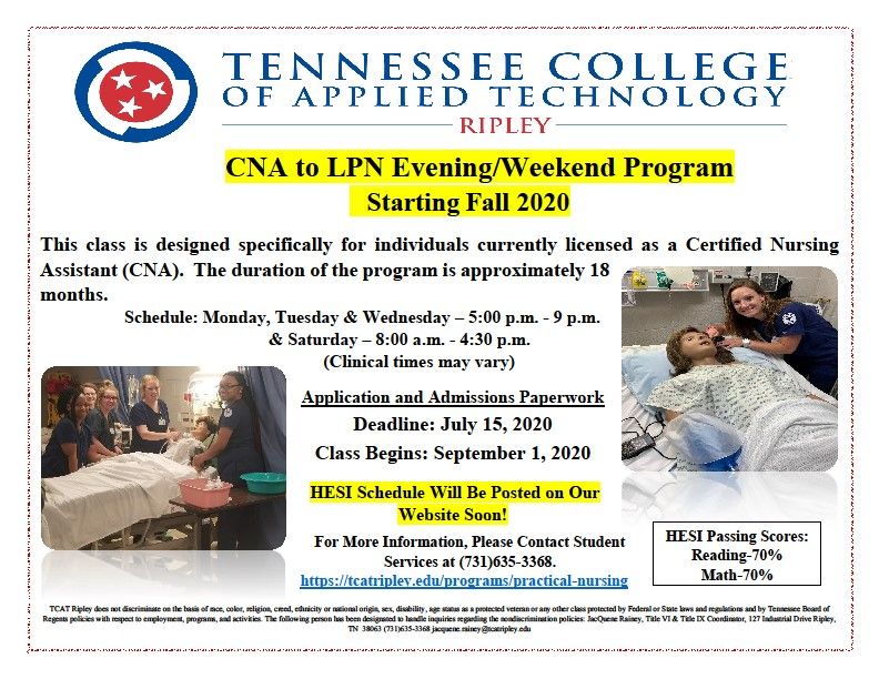 TCATRipley's tweet photo. CNA to LPN Evening and Weekend program coming Fall 2020! Attention future Practical Nursing applicants: You must take the HESI exam before you apply to our Practical Nursing program. Please contact the college for HESI test dates, times, locations, and scheduling procedures. https://t.co/h6XEau6T6s