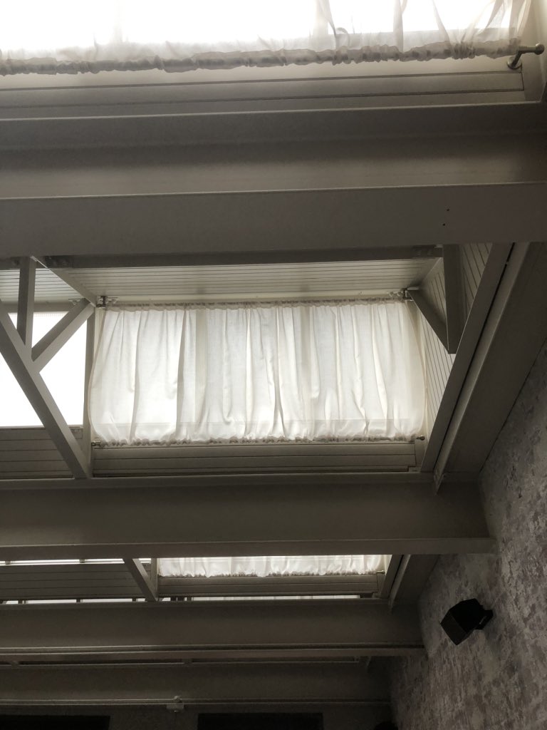 Installation of sky light sheers are happening!! Easy to social distance 4mts off the ground! 👍#hotels #designs #londonisworking