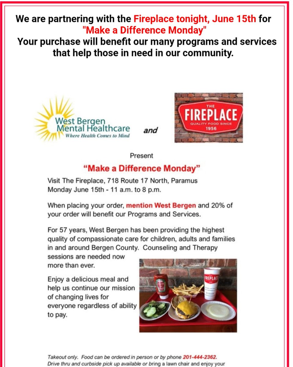 For my local friends...if you need somewhere to order from tonight, please consider the Fireplace. They are partnering with West Bergen Mental Health, which is a great organization that helps so many! #makeadifferencemonday