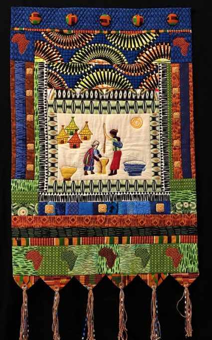 AdvocacyProject's tweet photo. Sister Artists Auction Begins Today! 🎉13 Days Left to Bid! ⏳Today’s #QuiltoftheDay is "Bounty in the Village" by Janice Jones. Janice owes her love of African colors to her daughter, who worked as a nurse in Zambia and would return home with fabric. https://t.co/TKaJRXGxMG