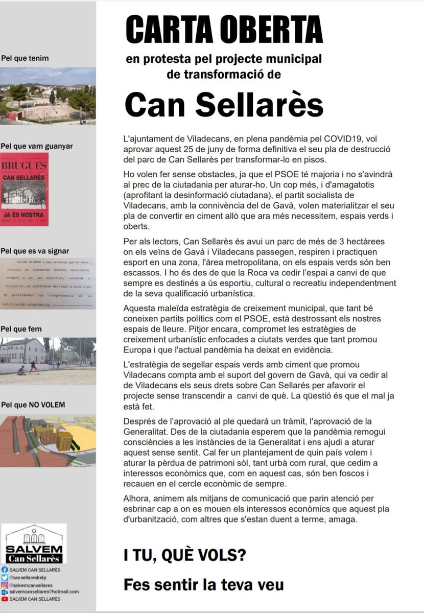 cansellareshelp's tweet photo. Demà dimarts estarem a la Plaça de la Vila de #Viladecans per xerrar sobre com podem paralitzar la destrucció de Can Sellarès. En el proper ple, aprovaràn  la seva urbanització. És hora de lluitar!!! Vine i participa!!!

#Viladecans 
#Gava
#BaixLlobregat https://t.co/NWHYyCQfMK