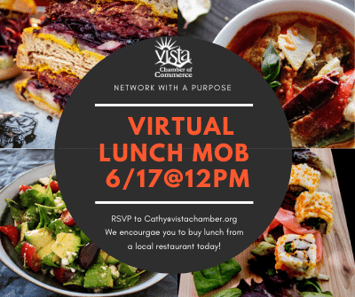VistaChamber's tweet photo. Grab some grub from your favorite member restaurant and join us for lunch this Wednesday, June 17. Good people, great connections, lunch mob! #vistachamberofcommerce #lunchmob #networking #vistastrong https://t.co/vfwmAD0CWT