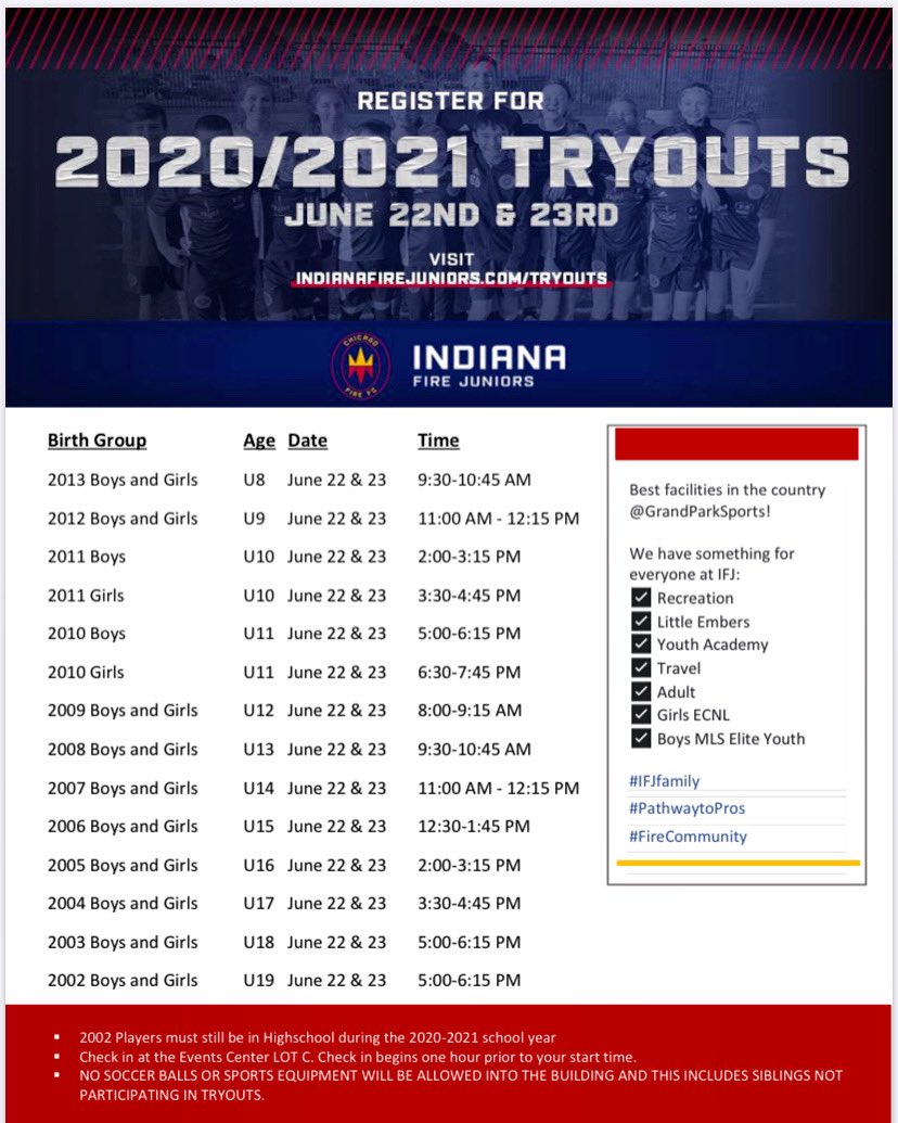 IndyElevenAcad's tweet photo. Tryout โฐ times!
Join the #IFJfamily โฝ๏ธ Register today for 2020-2021 Indiana Fire Juniors tryouts at https://t.co/iHCHe4zib1.
#ItBeginsHere #HereToStay #HereForAll #PathwaytoPros #HomeTeamOfGrandPark #ifjfamily #cf97 https://t.co/IjROWQ27id
