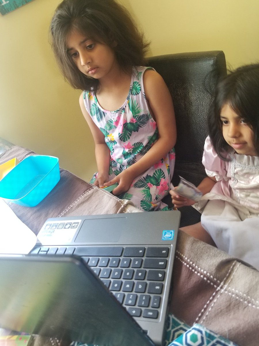 Jeelaniu's tweet image. Saffiya (and Inaaya) just participated in her first google meet with her teacher @chaotic_mom @DrClarkSchool #FMPSDlearningathome