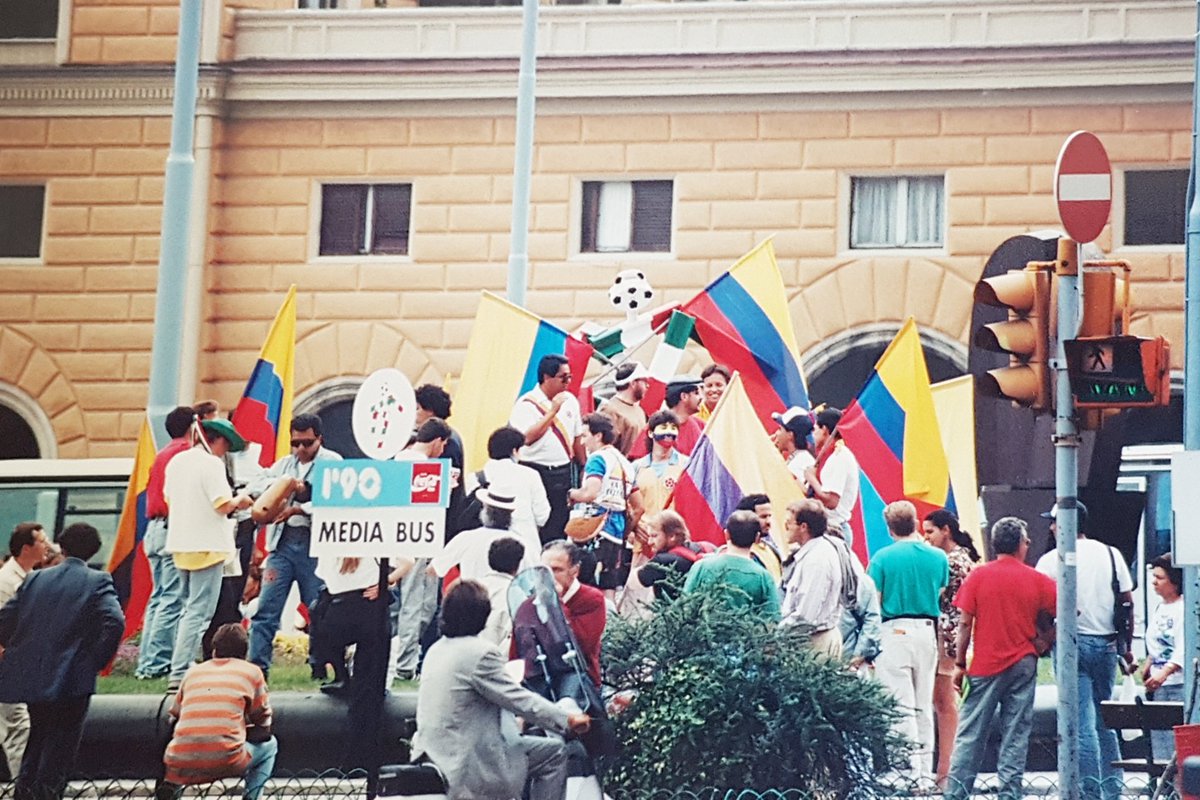 Next game was  #Yugoslavia v  #Colombia in Bologna. Higuita's goalkeeping antics kept us entertained, but also lots of flags on show inside and outside the ground, and a lovely view from the stadium.  #italia90