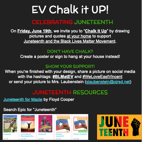 OwenJRobertsEV's tweet photo. EV Stay Connected Challenge: Juneteenth
To learn more, visit: https://t.co/vIGkNmR1dq To listen to the book Juneteenth for Mazie by Floyd Cooper visit https://t.co/eahYsAyuhg

Many thanks to @MrsLaubenstein for coordinating this week's challenge. 

#BLMatEV #WeLoveEastVincent https://t.co/0DJ65t49JL