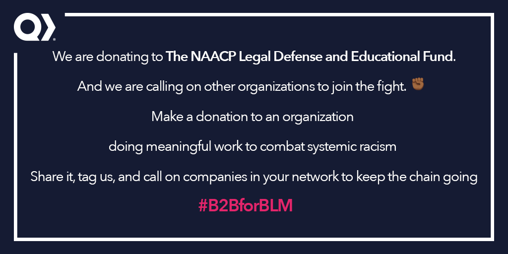 Quickbase's tweet photo. We are calling on other organizations to join the fight. ✊🏾
Make a donation, share it, tag us, and call on companies in your network to keep the chain going #B2BforBLM 
#BlackLivesMatter 

@MassTLC @Mass_Tech @MassChallenge @techreview @Bostinno https://t.co/FDH8bmbGIC