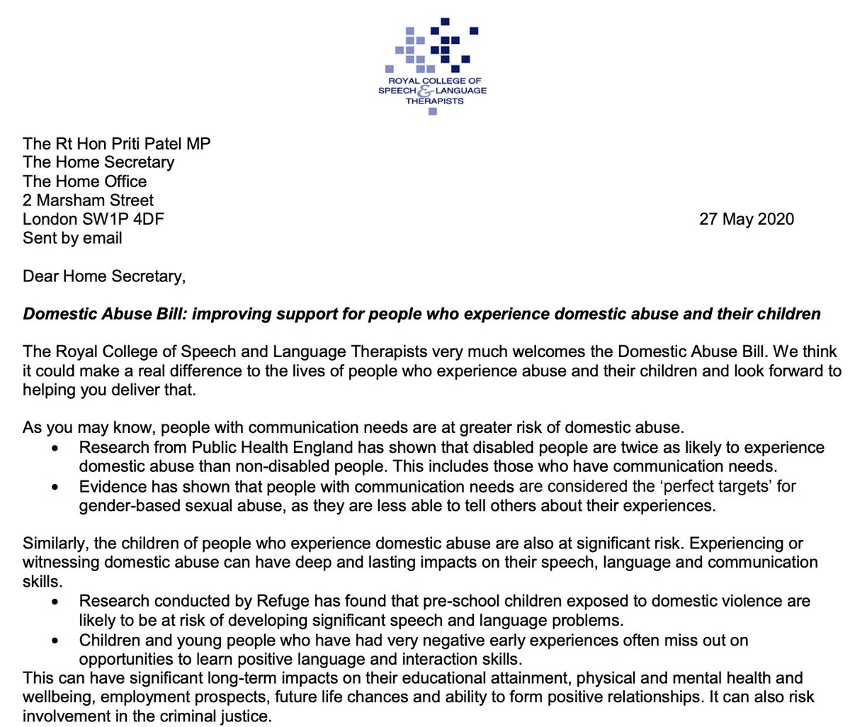 RCSLTpolicy (@rcsltpolicy) on Twitter photo The #DomesticAbuseBill is currently going through Parliament. <a href="/KGadhok/">Kamini Gadhok MBE</a>'s letter to <a href="/pritipatel/">Priti Patel MP</a> <a href="/ukhomeoffice/">Home Office</a> highlights the links between #domesticabuse & communication needs & how <a href="/RCSLT/">RCSLT 💙</a> members can support people who've experienced it & their children.
bit.ly/37uHyYC The #DomesticAbuseBill is currently going through Parliament. <a href="/KGadhok/">Kamini Gadhok MBE</a>'s letter to <a href="/pritipatel/">Priti Patel MP</a> <a href="/ukhomeoffice/">Home Office</a> highlights the links between #domesticabuse & communication needs & how <a href="/RCSLT/">RCSLT 💙</a> members can support people who've experienced it & their children.
bit.ly/37uHyYC