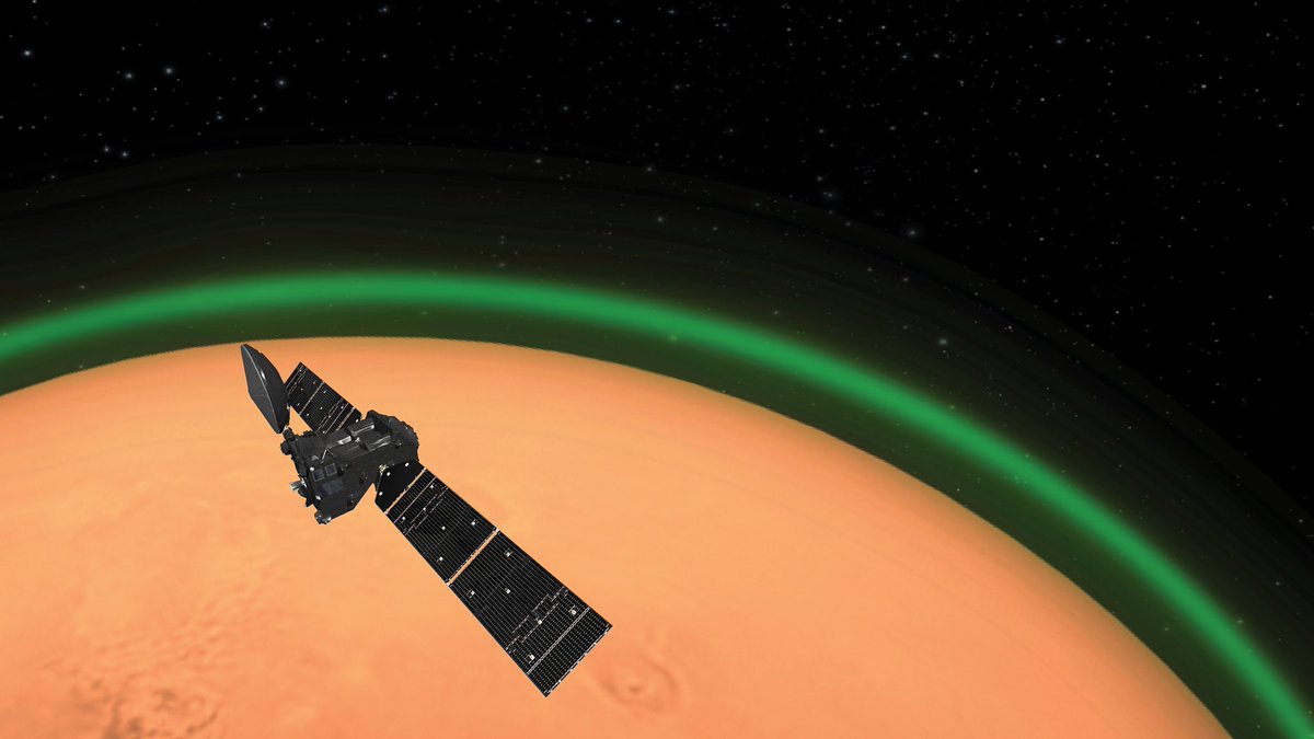 esa's tweet photo. ESA's @ESA_TGO has detected glowing green oxygen in the martian atmosphere – similar to 'airglow' seen by astronauts from @Space_Station – but this the first time that this emission has been seen around a planet other than Earth 👉 https://t.co/tTg7oy4iQK (pic: artist impression) https://t.co/X3TWzxRj5P