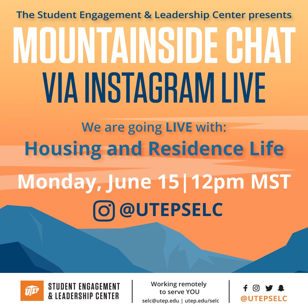 utepgetinvolved's tweet photo. TODAY we are going LIVE with @UTEPResLife ! Have you ever considered living on campus? Join us at 12PM for another Mountainside Chat to learn more about the benefits, process and more! #UTEPEvents #LiveOnCampus https://t.co/h8dopd9NlY
