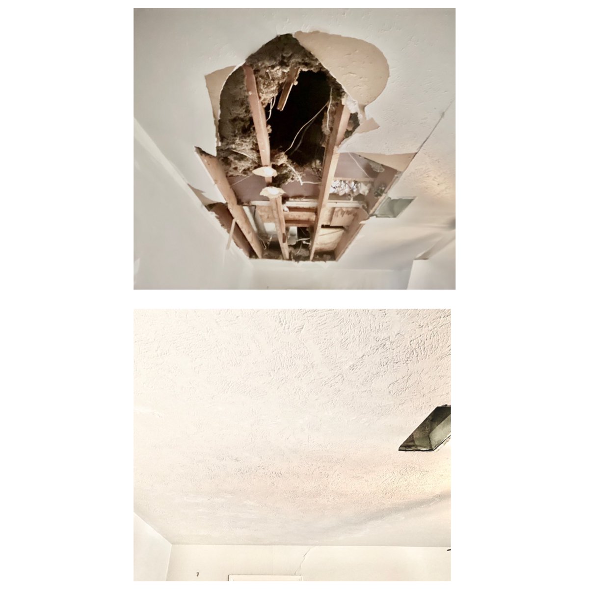 Patchpluspaint's tweet image. #patchpluspaint #ceilingpatch #wallpatch #drywallrepair #texture #walltexture #repairs #painting #painter #painting #drywallcontractor , cut out damaged area, Install drywall , tape and bed , apply hand texture ( crows feet texture ) follow us @patchpluspaint