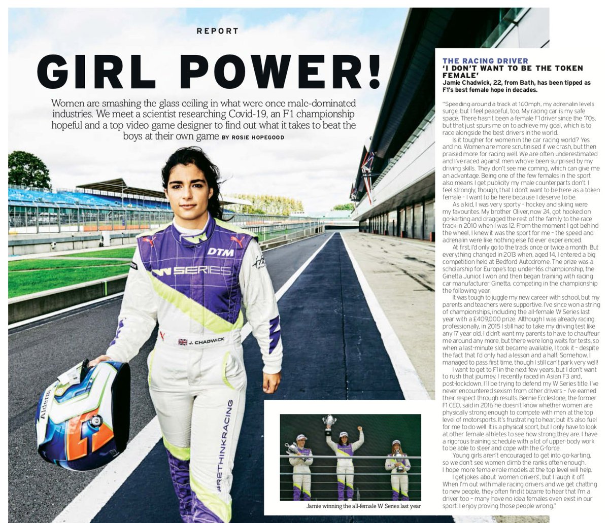 TheBishF1's tweet image. Excellent interview with #WSeries' reigning champion Jamie Chadwick in yesterday's Fabulous magazine, written by Rosie Hopegood, including "I get jokes about women drivers, but I laugh it off. I enjoy proving those people wrong." #RethinkRacing