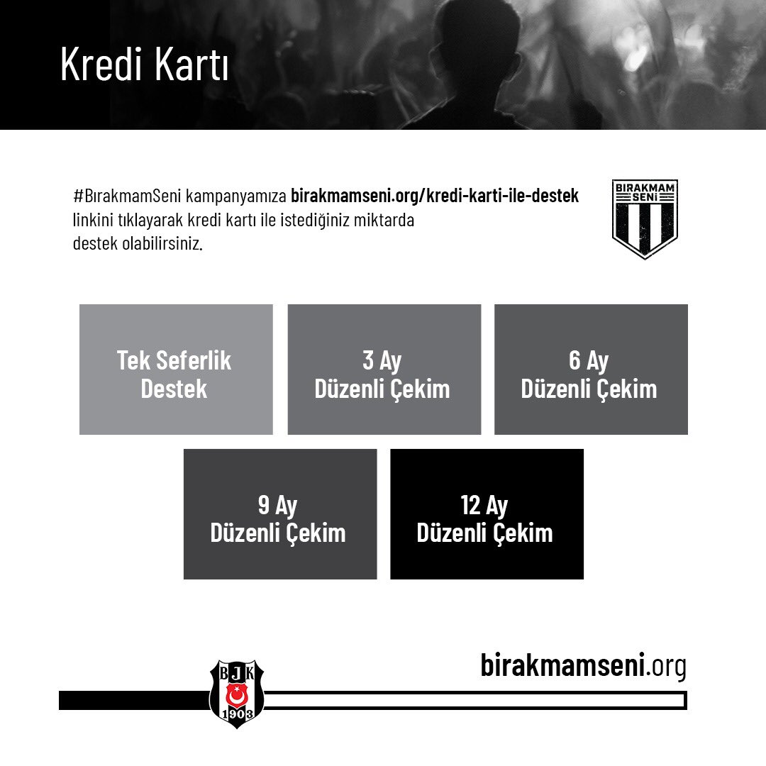 #BırakmamSeni kampanyamıza birakmamseni.org/kredi-karti-il… linkini tıklayarak kredi kartı ile istediğiniz miktarda destek olabilirsiniz.

☑️ Tek Seferlik Destek
☑️ 3 Ay Düzenli Çekim
☑️ 6 Ay Düzenli Çekim
☑️ 9 Ay Düzenli Çekim
☑️ 12 Ay Düzenli Çekim