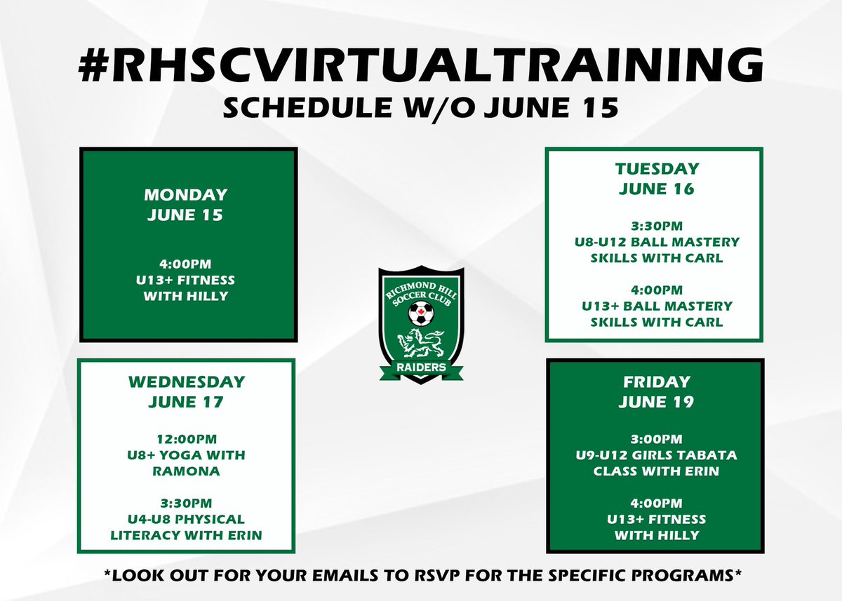 RHSoccerClub's tweet photo. Check out our FULL schedule of #RHSCVirtualTraining for this week! 💻 We are doing our best to continue to serve all of our customers online while we are all at home staying safe. Don’t forget to look out for your emails to RSVP for the specific programs! ⚽️ #RHSC #DareToDream https://t.co/82OxRK7mUH
