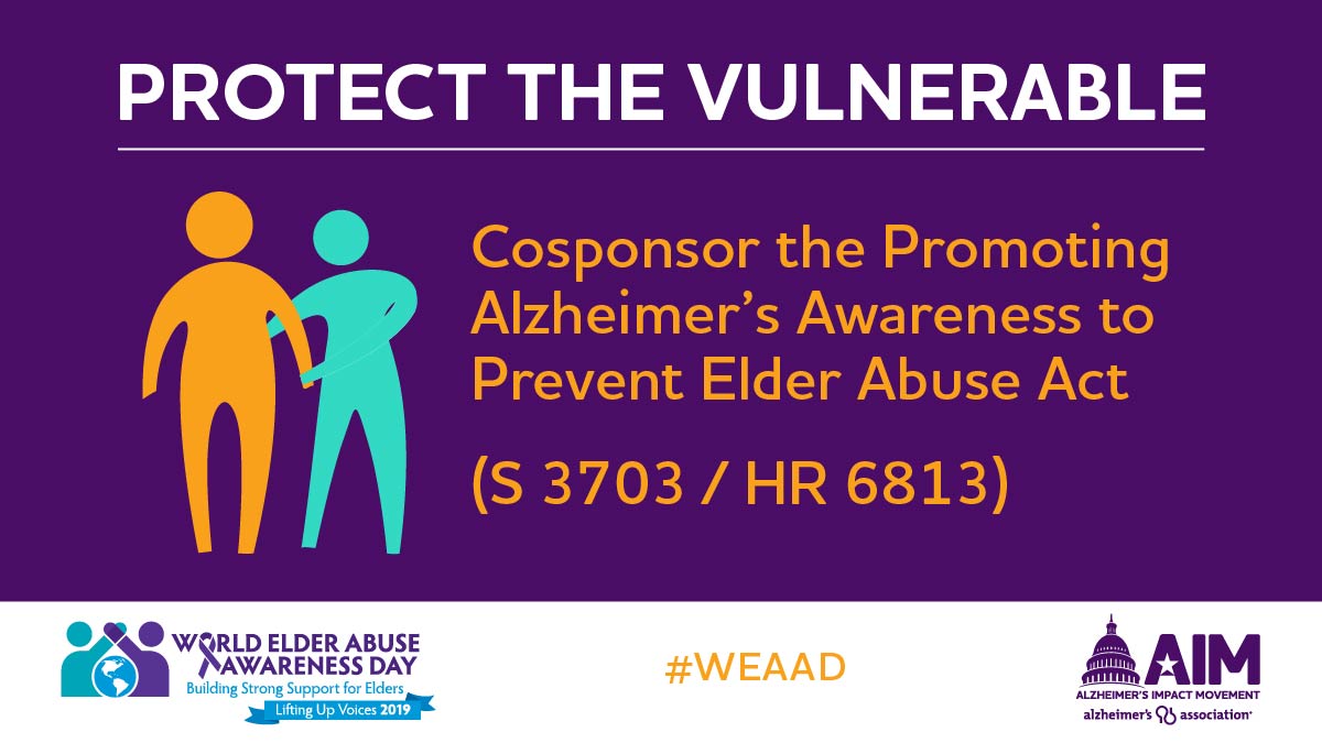 alzassociation's tweet photo. We’re taking a stand against elder abuse! The Promoting Alzheimer’s Awareness to Prevent Elder Abuse Act would ensure better outcomes for victims of abuse living with dementia. Help us grow support: https://t.co/sbYoDN9A3N. #WEAAD #ENDALZ https://t.co/y5CCI8Egjx