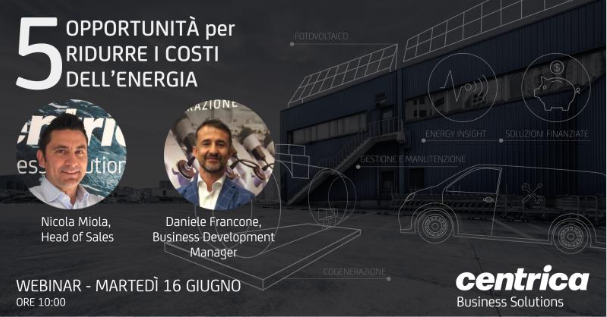 CentricaSoln_IT's tweet photo. Come ridurre i costi dell’#energia con una corretta strategia energetica che consenta alle aziende di migliorare la propria #sostenibilità e le proprie prestazioni aziendali. Iscriviti gratuitamente al nostro webinar in collaborazione con FIRE. https://t.co/FpykMUFUjK https://t.co/Ja5rdrMNpS