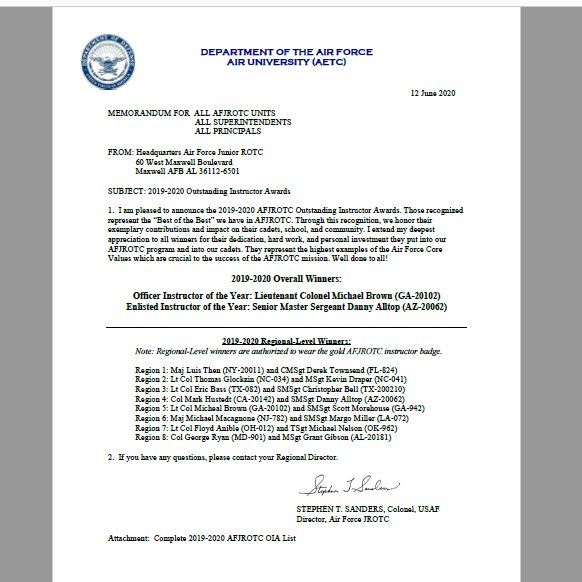 LtColGlockzin's tweet photo. @CCSSuptConnelly @eesmithhigh  CMSgt Mitchell &amp; I have brought global recognition to E.E. Smith by being selected as AFJROTC Outstanding Instructors for the 2019-2020 school year!  Additionally, I was blessed to be selected as the Officer Instructor for Region 2!  #Leadership https://t.co/oQ3JDMKRD9