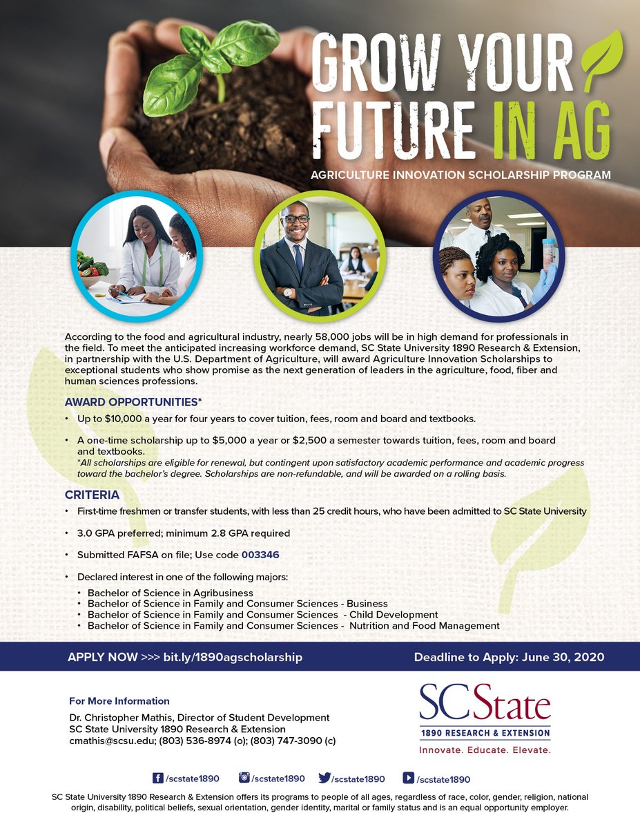 SCState1890's tweet image. The deadline has been extended to apply to the SC State 1890 Research &amp;amp; Extension Agriculture Innovation Scholarship for first-time freshmen or transfer students. Apply now: bit.ly/1890agscholars…