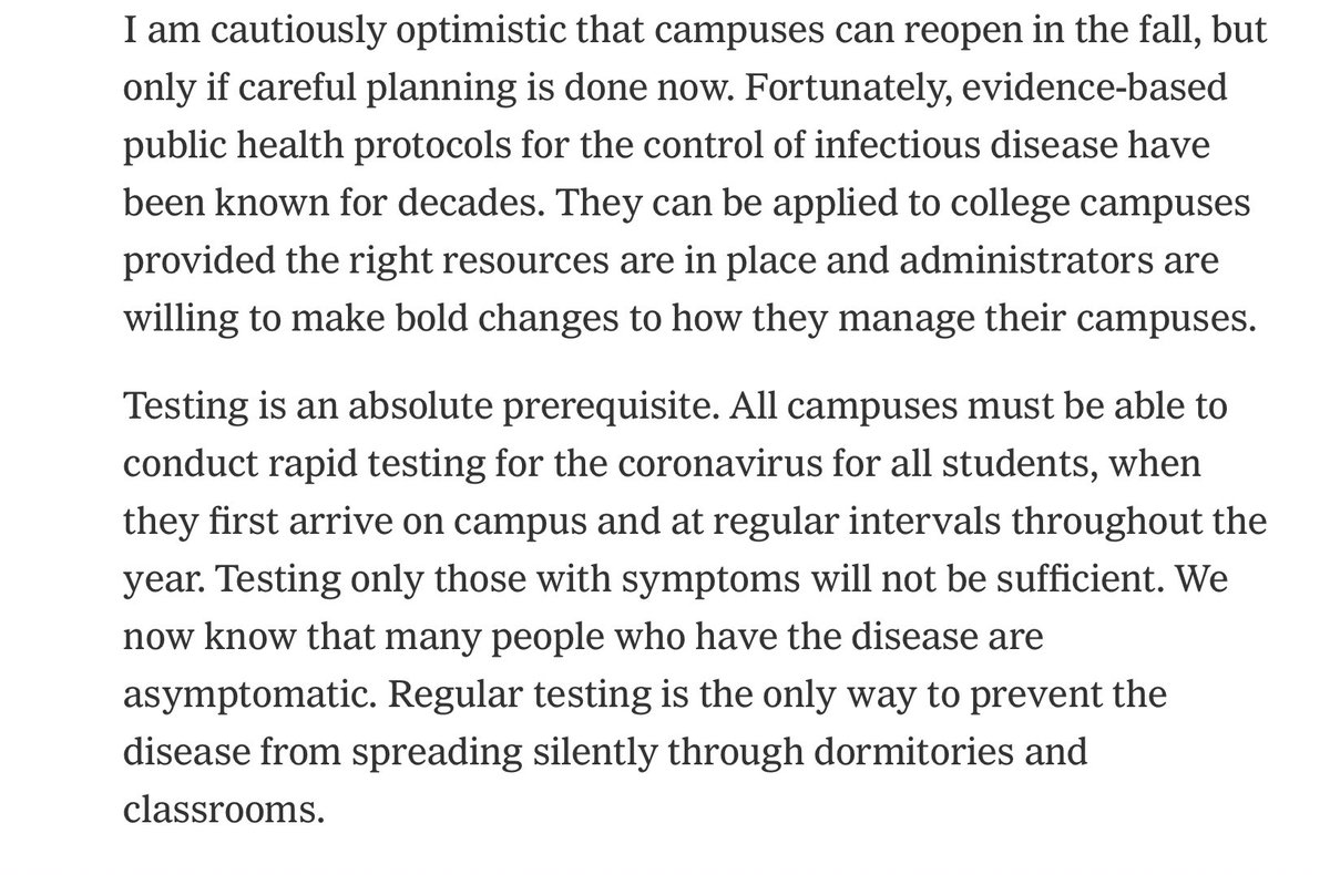 The president of Brown, Christina Paxson, wrote this a century ago (in Covid years)Have these prerequisites for a safe opening been met?12/N https://www.nytimes.com/2020/04/26/opinion/coronavirus-colleges-universities.html