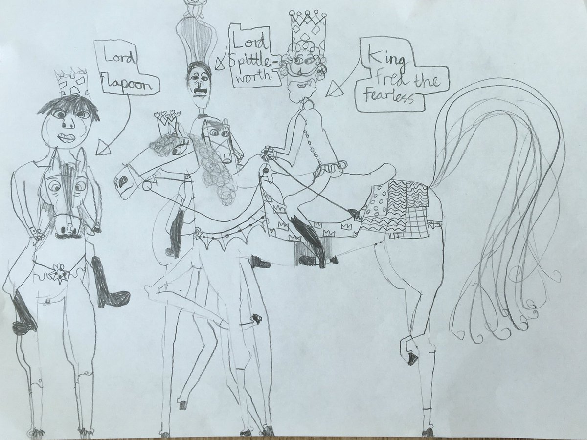 florentine_in's tweet photo. So I’ve had a great day today: I had some fun with fractions for the maths activity and drew my illustration for tomorrow story time with Mr Woodrow. I drew King Fred on his horse with Lords Flapoon and Spittleworth off to hunt the Ickabog 😊😎👱🏻‍♀️🐎👑 @StGregoryCEVCP https://t.co/24wdORytsU
