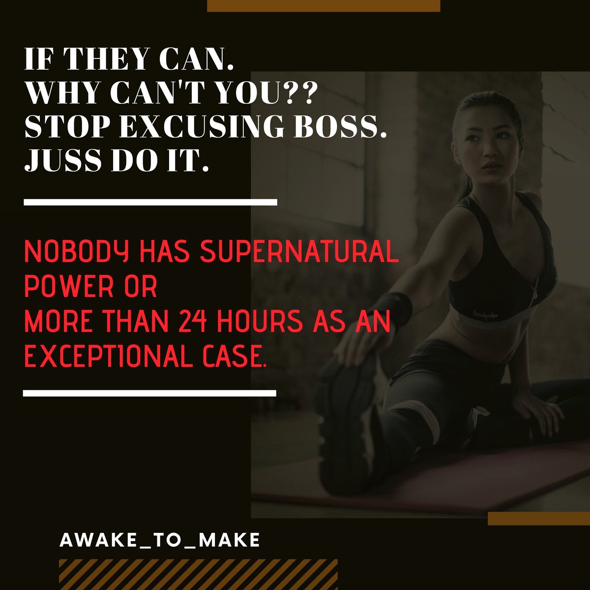 awaketomake's tweet photo. Stop excusing..jus do it.

@knowledgesatisfactory @robdialjr 
#enthusiasm #zealous #inspiredby #motivatedmindset #cleargoals #energetic #inspirationalwords #knowlwdge #motivationquote #motivational #multitasking #increaseknowledge #focussed #oriented #aimed #happythoughts https://t.co/ddHoSsgJZ3
