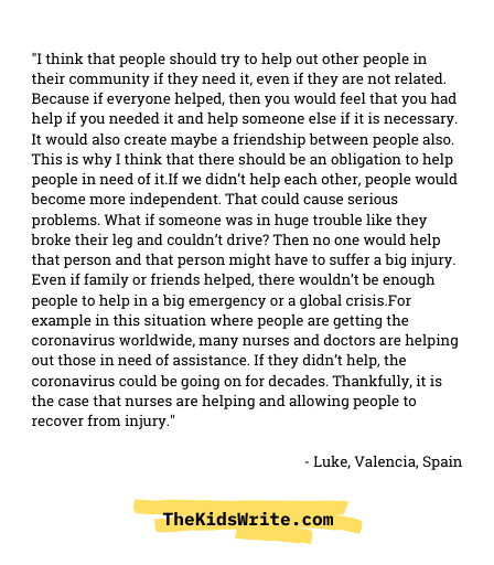 thekidswrite's tweet photo. "There should be an obligation to help people" - Luke, Valencia
https://t.co/KZBiWtZyed https://t.co/F6YMi75nrJ
