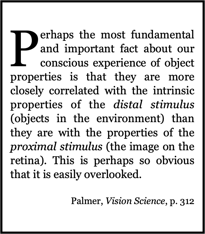 Contemporary vision science—from Marr to popular textbooks—usually goes with (a). We’re taught that perception represents the “distal” properties of objects (i.e. the coin’s circularity), not their “perspectival” properties (i.e. the coin’s elliptical projection).