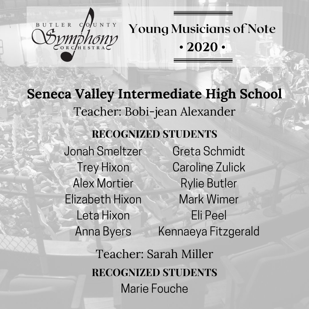 ButlerSymphony's tweet photo. Congratulations to the students from the Seneca Valley School District that were nominated as 2020 Young Musicians of Note.
We continue today by recognizing students from Haine Middle School and Seneca Valley Intermediate High School. #butlersymphony #YMON #youngmusiciansofnote https://t.co/ApbMpcBBiL