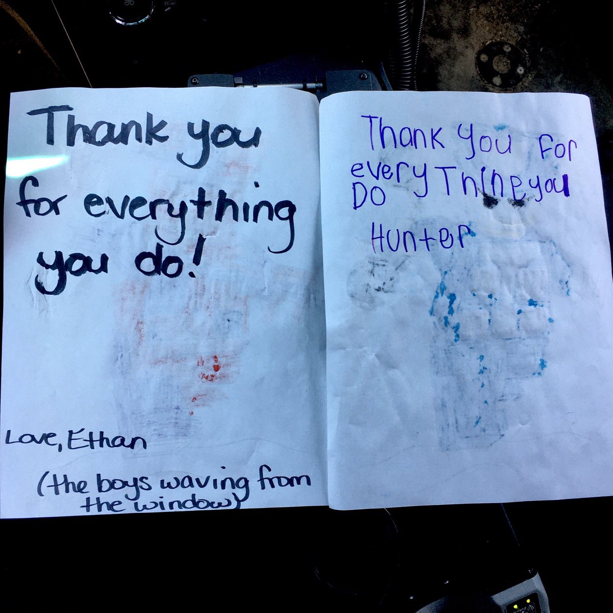 melarbr's tweet image. Thank YOU Ethan and Hunter for the awesome artwork. Your visit brightened my morning. Never stop smiling boys!  👋🚔