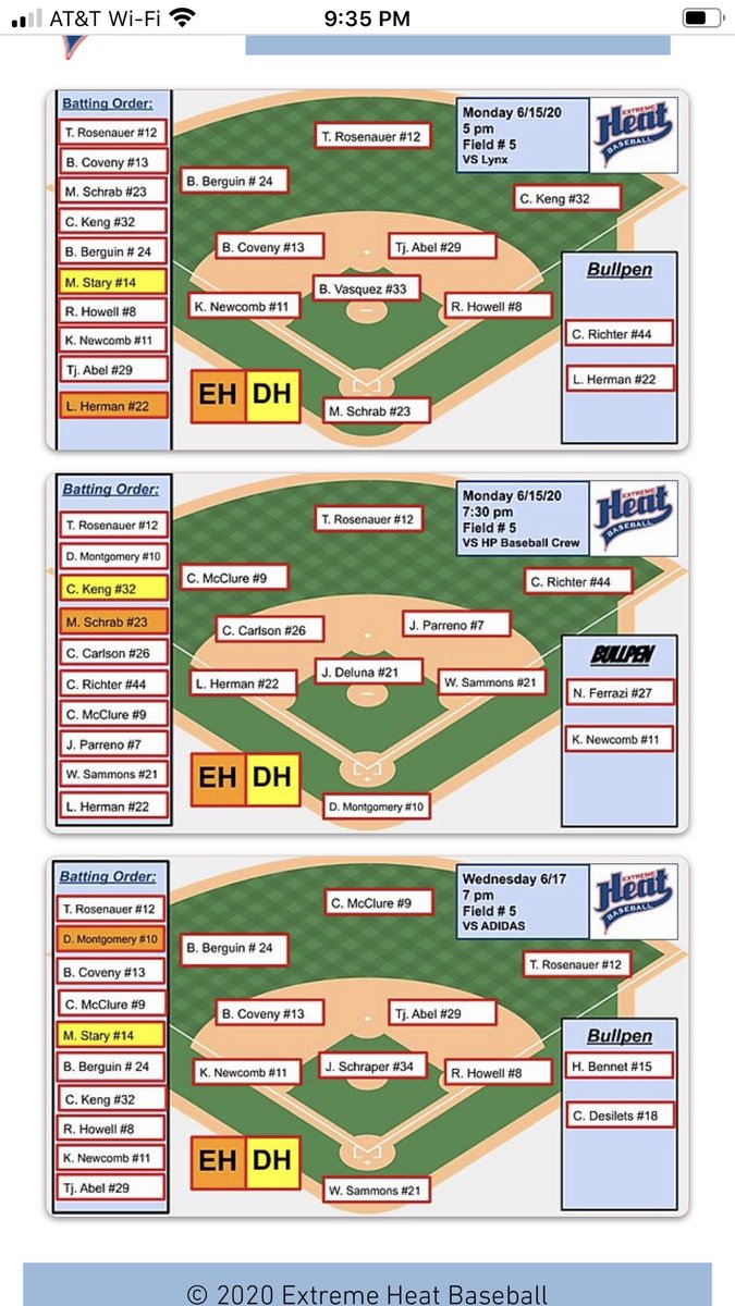 EHBaseballClub's tweet image. Let’s get this @FiveToolCollege summer league! Here is the lineup for the week!
@judsonschaper #uttylerpatriots @bretter_7 #OLLUSaintsAthletics @JosephDeluna15 #AlvinCC will be our starters on the bump!