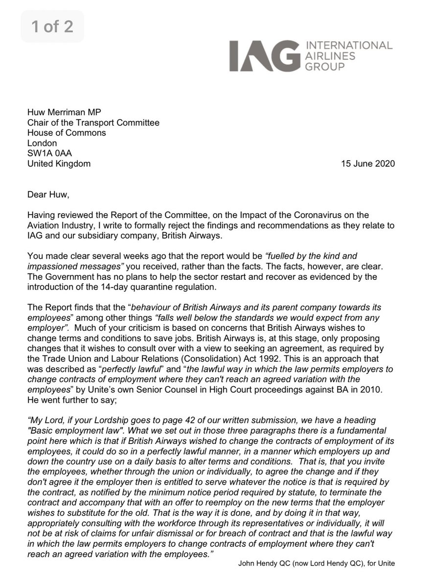 AlexInAir's tweet photo. Update: Willie Walsh (CEO of British Airways parent company, IAG) has written to @HuwMerriman to say he does not believe the recent transport select committee report is based on fact.
Walsh has ‘rejected’ the report which branded BA’s job cut plans as a ‘national disgrace’ 👇🏽 https://t.co/NGovVXPMBX