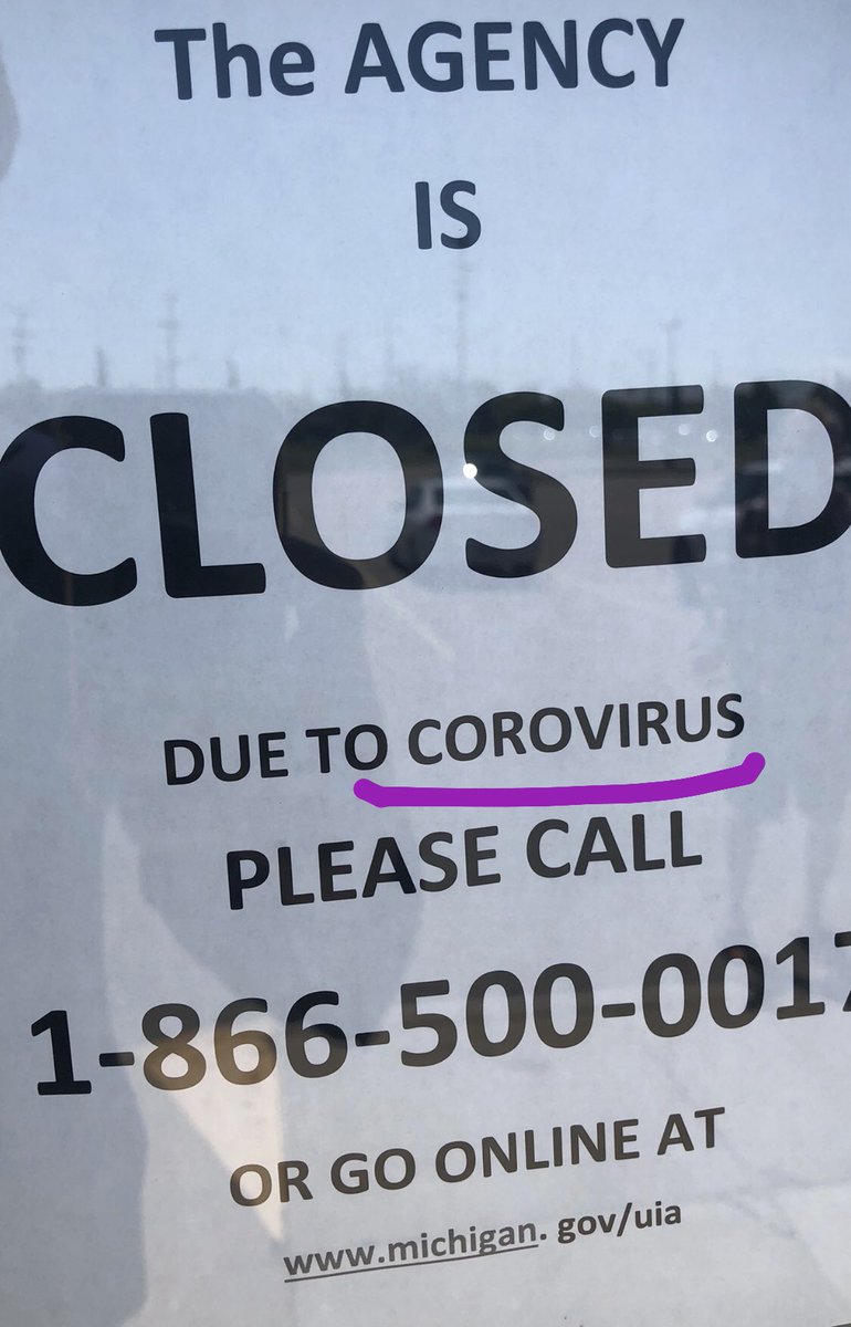 hankwinchester's tweet photo. Why are MI Unemployment offices still closed? SOS branches are open.
And, can they please use spellcheck? This sign at UIA Sterling Heights. This is ridiculous @Local4News https://t.co/QS22QI6eZh