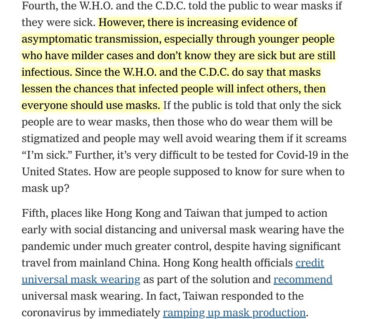 How we got here: we were told that masks increased wearer's risk compared to no masks—and many experts and media parroted this uncritically despite absolute lack of evidence for this. And I could point to asymptomatic transmission in mid-March because there were already papers.