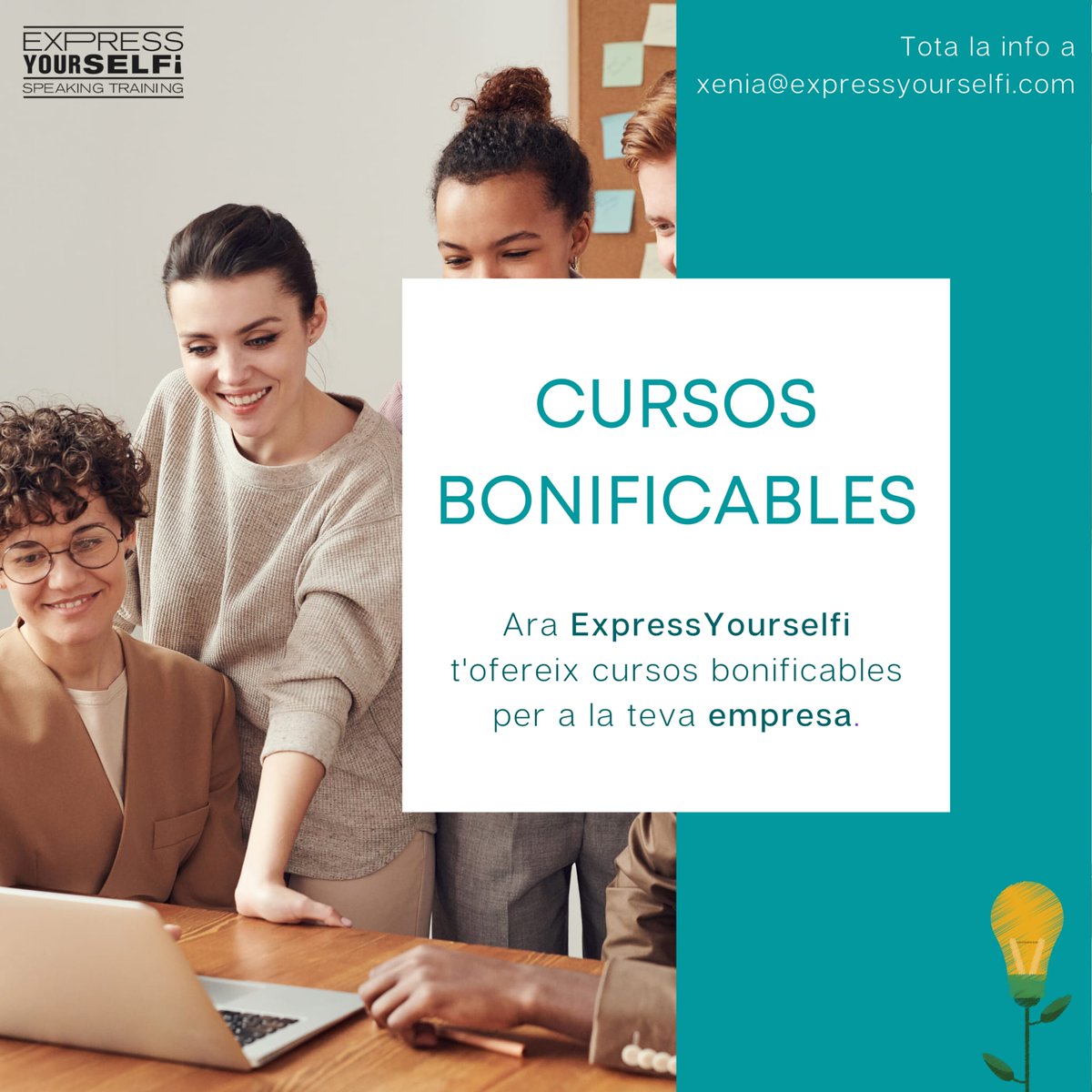 EYourselfi's tweet photo. NOU SERVEI!
Ets una empresa? Ara tots els cursos d'Express Yourselfi bonificables! Tria el teu curs i consulta'ns a xenia@expressyourselfi.com
#FormacióBonificada #Empreses #Comunicació #Oratòria #ExpressYourselfi https://t.co/CVobmAzTzf