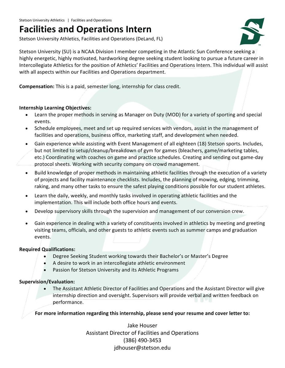troy_hstm's tweet photo. Stetson University is looking for Fall 2020 and Spring 2021 interns for their Athletic Facilities and Operations. Contact Jake below for more information! https://t.co/9MBWM75AZB