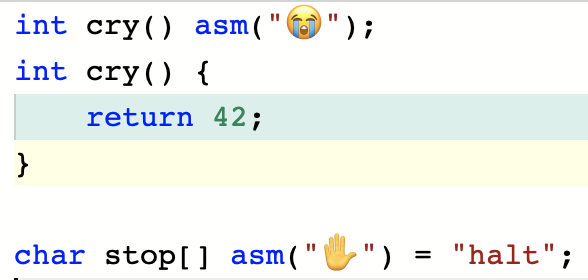 Today's episode of "fun C / C++ extension":asm labels!Specify the name to be used in assembler code for a function or variable: write asm keyword after the declarator. Don't like C++ mangling? No problem!Unfortunately doesn't work with NTTPs  https://godbolt.org/z/nAFvoP&nbsp;