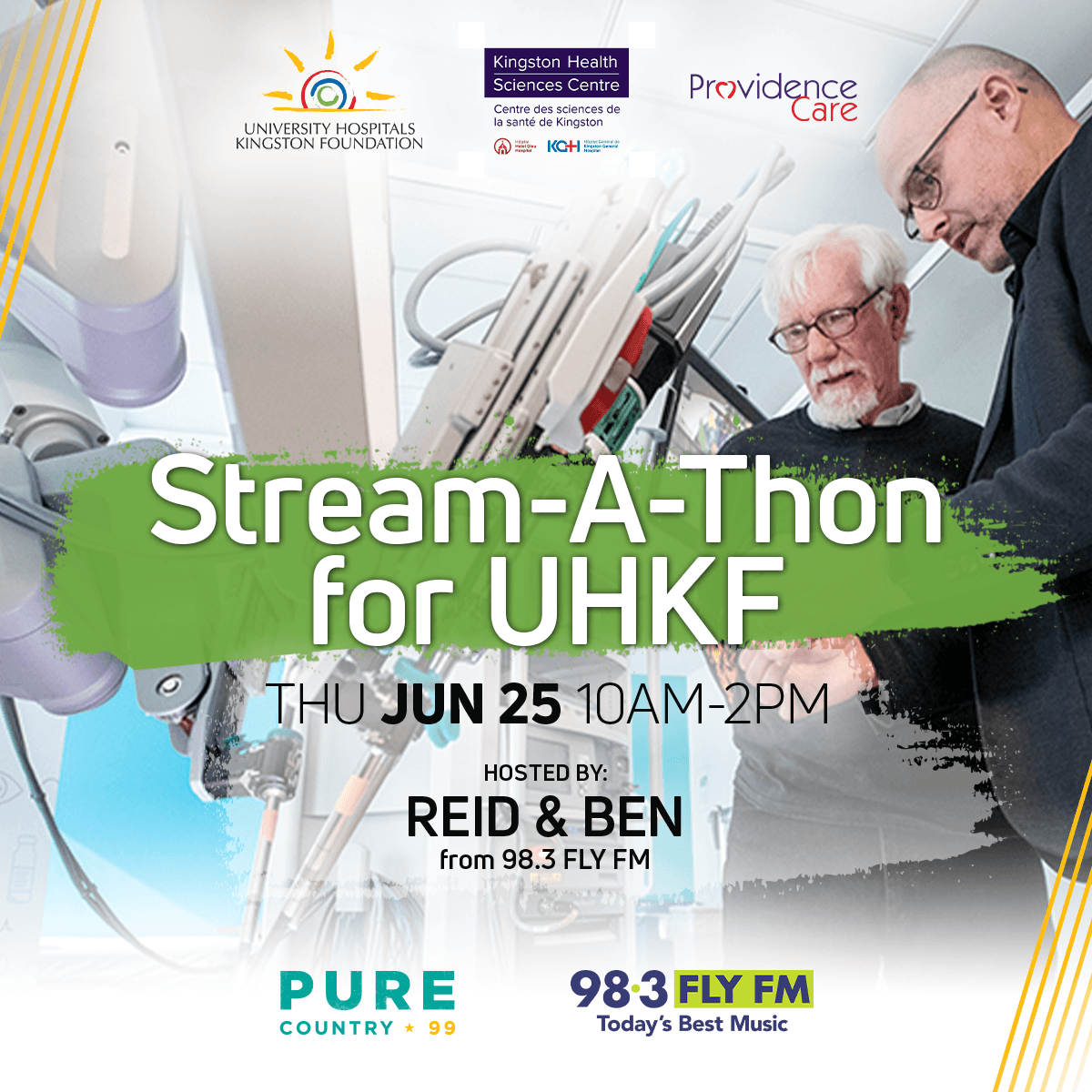 Join us Thursday, June 25th for the Stream-A-Thon for UHKF!

Hosted by <a href="/rockinreid/">REID</a> &amp; <a href="/HeyBenMcLean/">Ben McLean</a> 🙌

The <a href="/UHKF/">University Hospitals Kingston Foundation</a> supports <a href="/KingstonHSC/">KingstonHSC</a> &amp; <a href="/providence_care/">Providence Care</a>, and inspire generosity for the health of families in #ygk and beyond ❤️

Find out more at 983FLYFM.com!