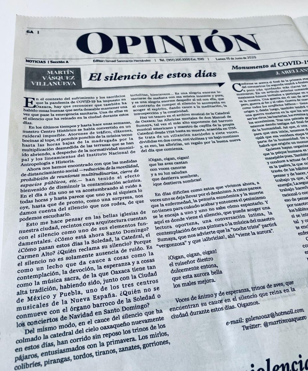 martinvasquezv's tweet photo. Aprovechemos las cosas positivas que nos han traído estos tiempos; el silencio que ha reinado en la ciudad de #Oaxaca nos invita a acoger una lectura oportuna, una conversación íntima, la contemplación de una pintura o el disfrute de la música. 

#QuédateEnCasa #COVID19 https://t.co/3bETlRdFQr