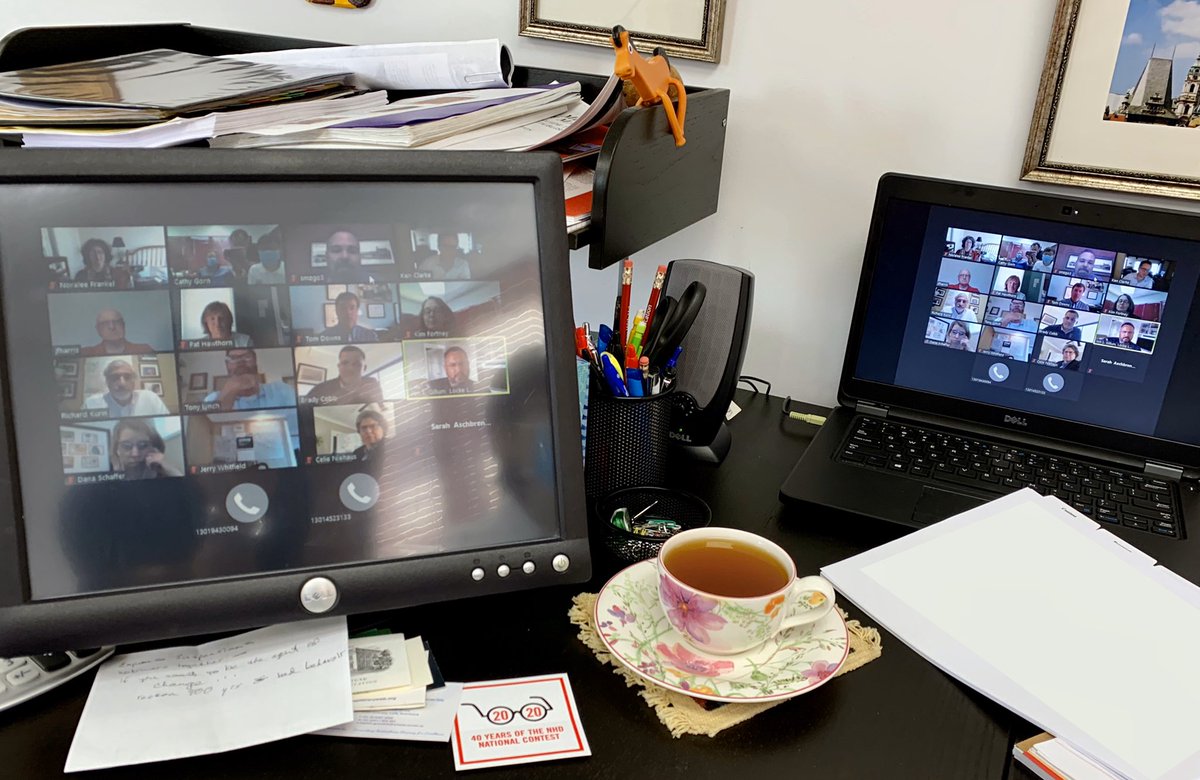 NationalHistory's tweet photo. Executive Director @CathyGorn and NHD trustee Ted Prasse are participating  via Zoom in the annual NHD Board of Trustees meeting held each year during National Contest week. #NHD2020 https://t.co/mGZIl8rwc6