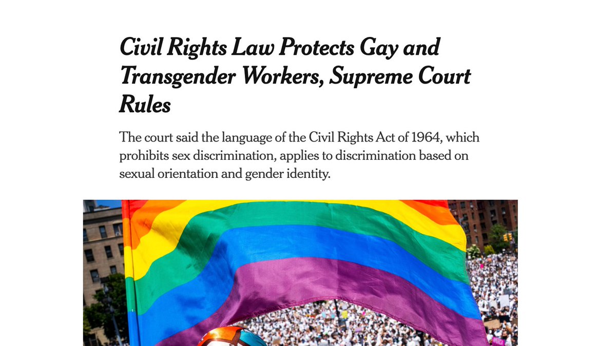 lesbiantech's tweet photo. #BreakingNews from @nytimes: In a landmark decision, #SCOTUS ruled this morning that the Civil Rights Act of 1964, which prohibits discrimination on the basis of sex, also includes sexual orientation and gender identity as protected classes! https://t.co/UkeDIqIiF2