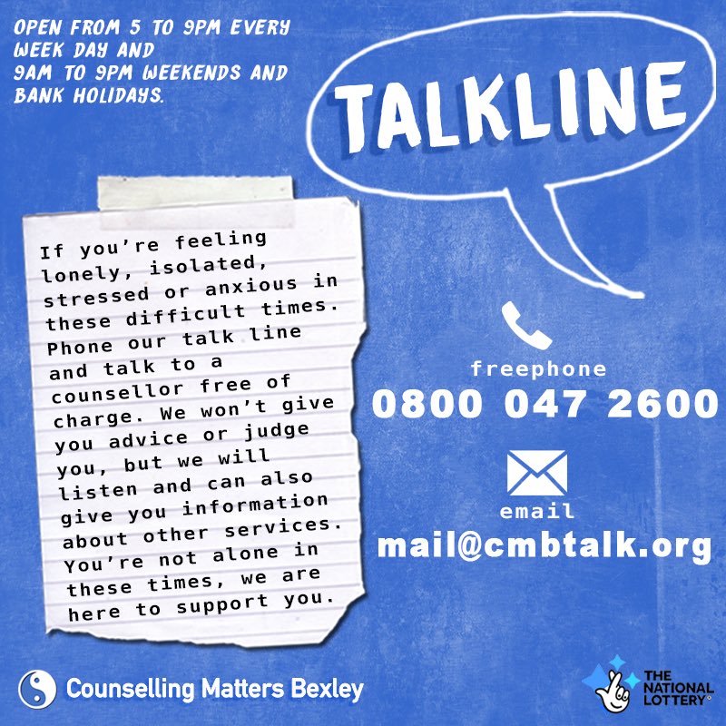 CMBexley's tweet image. We’re pleased to launch today TALKLINE - a free telephone counselling service for anyone feeling anxious, stressed, lonely or isolated. Open 5-9pm Mon-Fri and 9-9pm Sat/Sun. Funded by @TNLComFund to help us help you through Covid-19